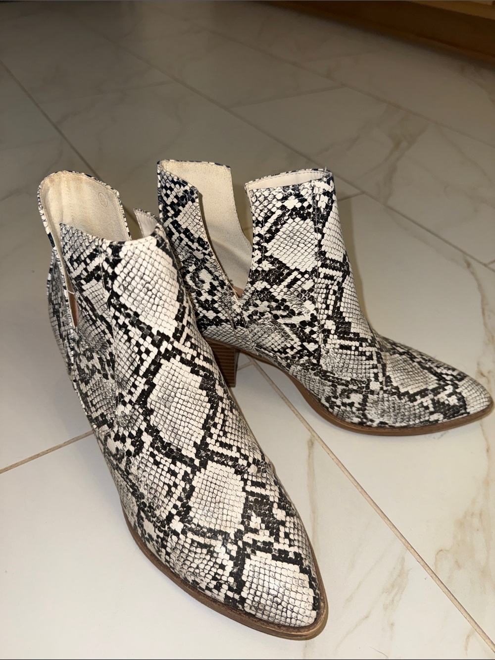 Pointed Snake-Print Cutout Ankle Booties in White and Black